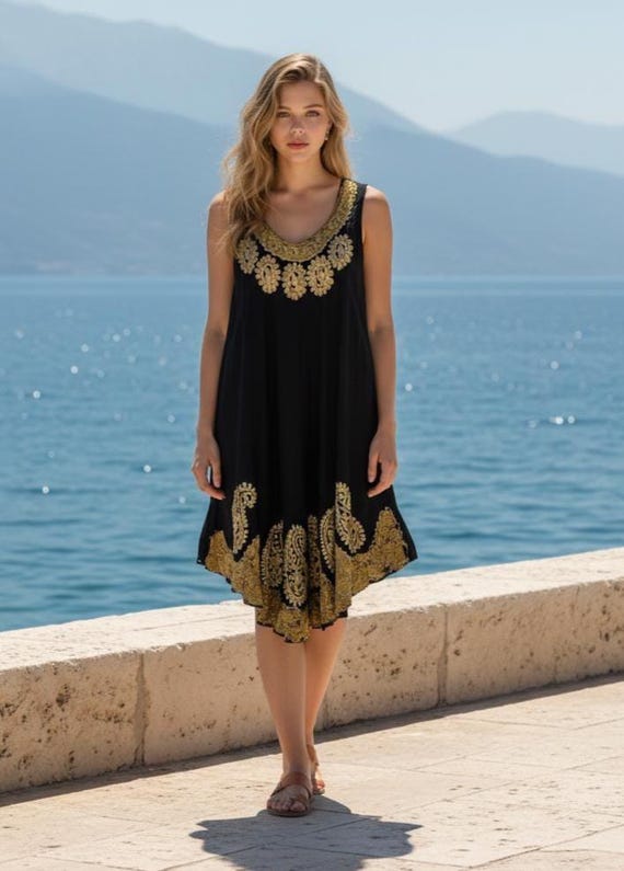 Black & Gold Umbrella Dress, Embroidered, Summer Sun Beach Festival Party  FREE SIZE up to UK 24 - Etsy Canada