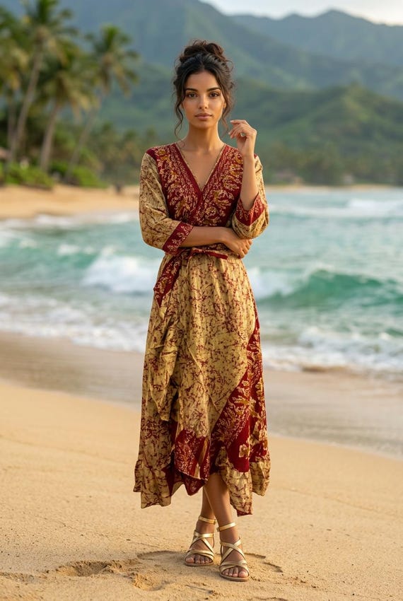 Red & Gold Sari Silk Wrap Dress, Flounced Boho Maxi (UK 8-14) - Etsy