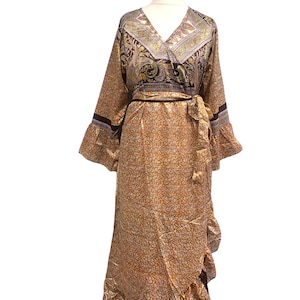 Vestido envolvente deslumbrante, estilo Boho Hippy Festival, punho de manga sino, Sari-seda vintage, Reino Unido 14-20 tamanho único