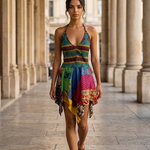 Abito da festa turchese, orlo patchwork in seta sari riciclata, taglia UK 8-12