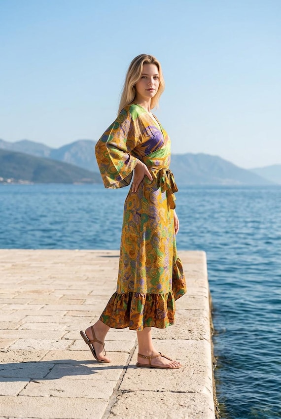 long sleeve boho wrap dress Vintage Sari Silk Wrap Dress, Long Bell Sleeve, Boho Hippie Style (UK  14-20)
