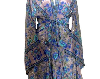 Dress boho hippie dusky pink & blue, silk, kimono, wrap, beach cover up, kaftan,