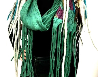 Jade green wrap scarf, funky tassel, boho hippy dreadlock festival style gift