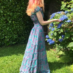 Blue SILK long maxi DRESS, Boho hippy festival, turquoise Summer Party UK 8 10 12 14