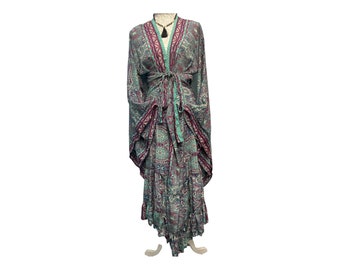 Unique Kimono Wrap Dress, in Grey, Red & Green Silk, Bell Sleeve, Stevie Nicks, Boho hippy style robe duster coat One size