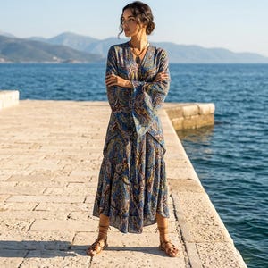 Blue Yellow Silk Kimono Kaftan Duster Coat, Maxi Wrap Dress, Festival Stall