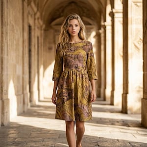 May include: A woman wearing a mustard-colored dress with a brown pattern walks toward the camera. The dress has three-quarter sleeves and a fitted waist. She wears brown sandals. The background is a stone corridor with arched ceilings.