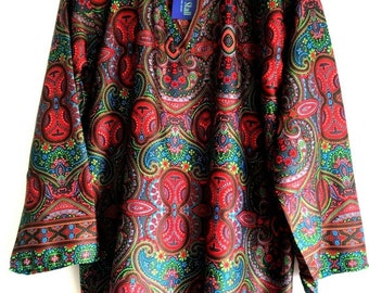 V-neck tunic blouse festival boho hippie retro ethnic print vintage red green