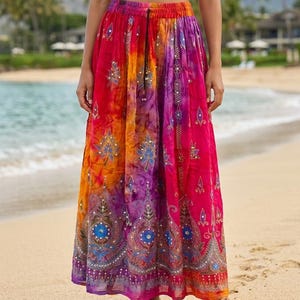 Stargazer Tie Dye Maxi Skirt, Sequined Boho Festival Style, Pink Orange Purple
