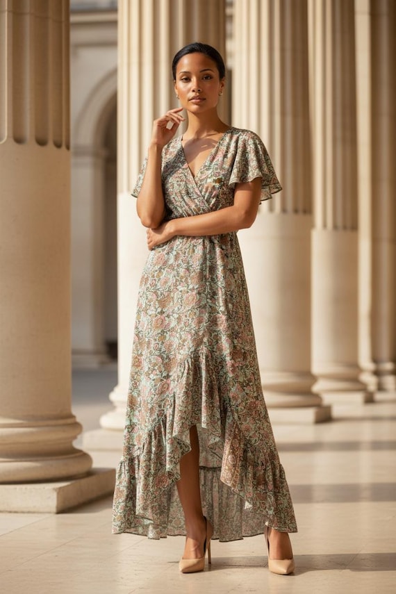 Pale Blue Silk Floral Maxi Dress, Boho Summer Asymmetric Hem