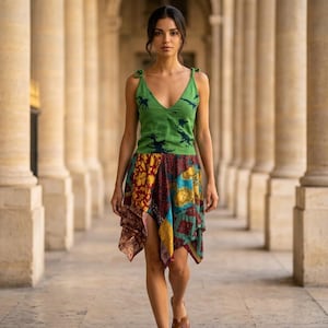 GREEN Festival Dress, Patchwork hanky hem in recycled Sari Silk UK 8-12