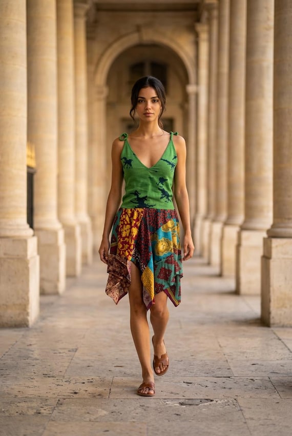 GREEN Festival Dress, Patchwork Hanky Hem in Recycled Sari Silk UK 8-12 -  Etsy Finland