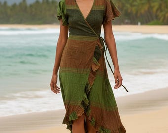 Green Summer Wrap Dress, Boho hippie casual long length, one size UK 8 - 14
