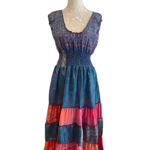 Blue Indian Long summer dress, Recycled sari-silk, Boho, Hippy, Festival party outfit UK 8-12