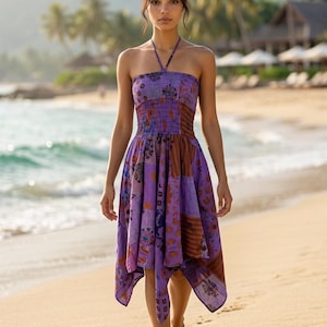 Vestido de verano de patchwork morado, estilo festival bohemio hippy pixie, dobladillo de pañuelo de algodón, tallas 8-14 del Reino Unido
