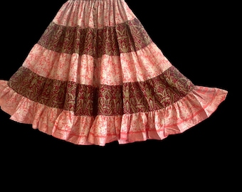 Pink & red full circle sari silk glow skirt - size s-m-l adjustable waist, 25 ft , ats, silk full circle skirt, boho, cosplay, steampunk