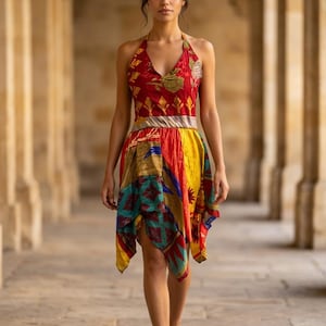 RED Festival Dress, Patchwork hanky hem in recycled Sari Silk UK 8-12