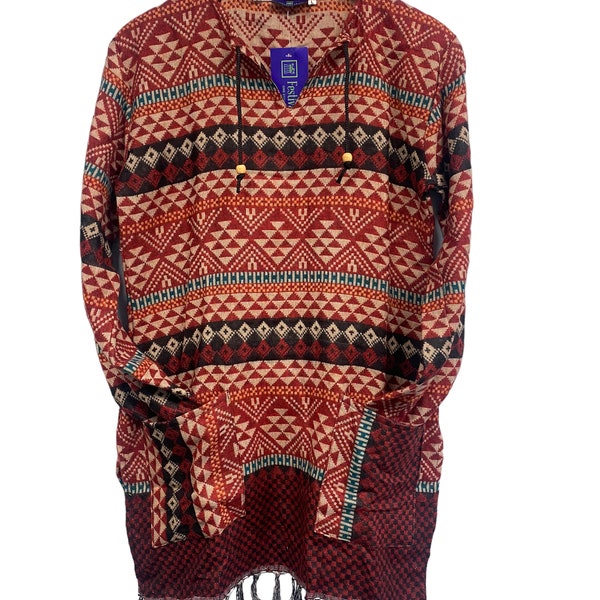 Boho hippie red check winter warm tassel long sleeve blouse top tunic uk 12 14