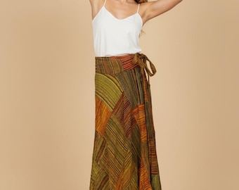 Falda larga cruzada de algodón con patchwork, estilo bohemio hippie para festivales, talla 8-16 del Reino Unido