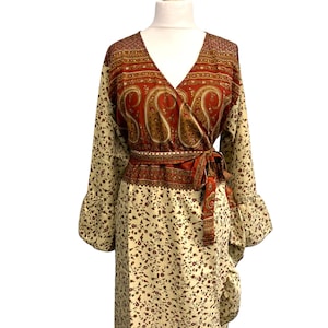 Vestido longo indiano Annabel, Sari Silk vintage com manga com babados, estilo Boho Hippy Festival Reino Unido 14-20