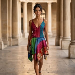 Robe de festival ROSE, ourlet en patchwork en soie sari recyclée Royaume-Uni 8-12
