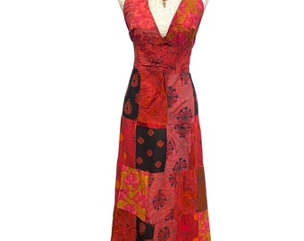 RUBY Red patchwork Dress, Boho hippy Festival Princess party Outfit style, summer sun beach UK 8-18 US 4-22