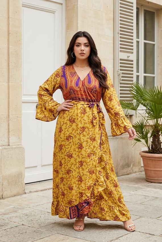 vintage silk wrap dress Vintage Sari Silk Wrap Dress, Long Bell Sleeve, Boho Hippie Style (UK  14-20)