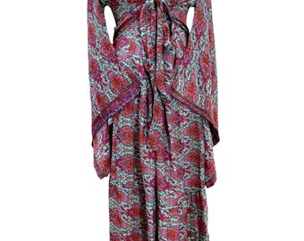 Boho hippy floral silk kimono wrap beach cover up kaftan dress uk 8 10 12 14 16