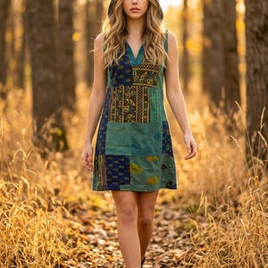 Short tunic Dress,  green patchwork, Boho pixie festival hippy gypsy hoodie UK 8-14