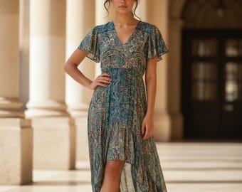 Blue Jade Silk Maxi Dress | Asymmetric Hem, Festival Style