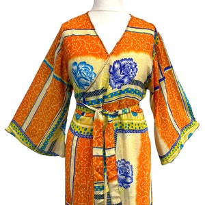 Vestido longo laranja, estilo Boho Hippy Festival, Sari-seda vintage reciclado, manga sino retrô Stevie Nicks, tamanho único Reino Unido 14-20