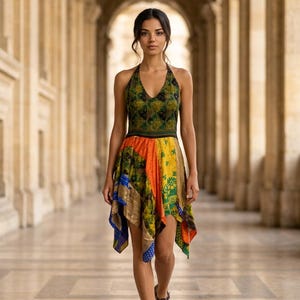VERT Robe de festival, patchwork à l'ourlet en soie sari recyclée Royaume-Uni 8-12