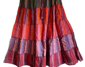 Boho long skirt, red orange brown summer layered festival hippie maxi style uk 8 10 12 16