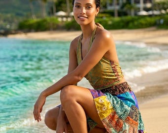 Recycled Sari Silk Patchwork Crop Top and Mini Skirt Set, Boho Beach Festival Outfit