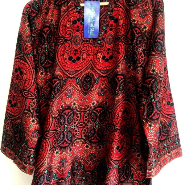 Chemisier haut tunique soie festival boho hippie imprimé ethnique rouge rétro paisley 8-14