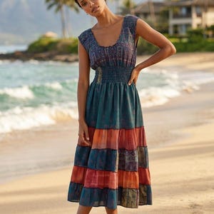 BLUE Indian Long Summer Dress, Recycled sari-silk, Boho, Hippy, Festival party outfit UK 8-12