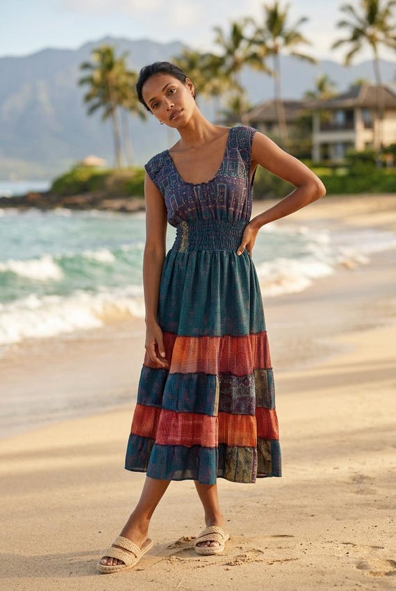 indian silk boho dress Crafted from luxurious Indian Silk, this beautifully flowing dress features a flattering high-waist silhouette designed to enhance and shape the torso. The elasticated waist, paired with an adjustable tie-up front, allows for