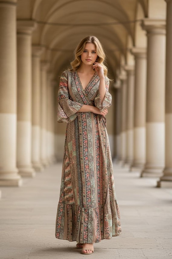 Silk Wrap Maxi Dress, Pale Pink Beige Print, Bell Sleeve Boho