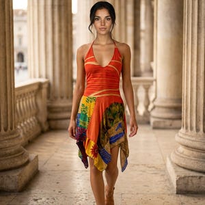ORANGE Festival Dress, Patchwork hanky hem in recycled Sari Silk UK 8-12