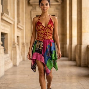 RED Festival Dress, Patchwork hanky hem in recycled Sari Silk UK 8-12