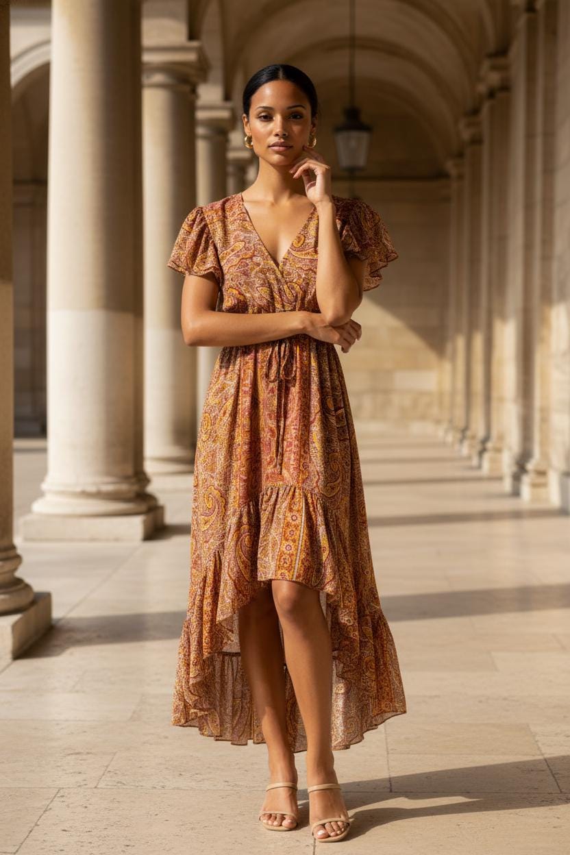 orange paisley maxi dress Raysha Orange Paisley Tiered Maxi Dress with Tie-Back Detail