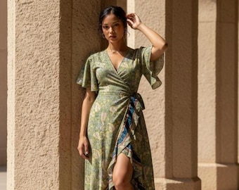 Green Silk Wrap Dress, Boho Floral Print, Festival Style, UK 8-14