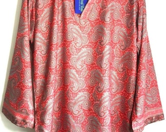 V-neck tunic long sleeve  festival boho hippie retro ethnic print pink beige