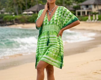 Green Kaftan Tunic DRESS, Summer, beach party cover up, loose fit ONE SIZE 10-20