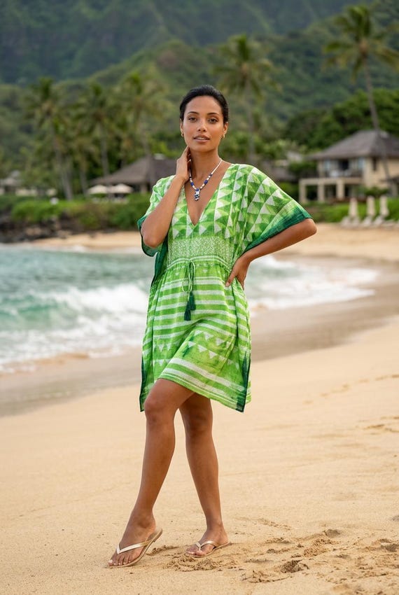 Green Kaftan Tunic DRESS, Summer, Beach party cover up, loose fit ONE SIZE 10-20