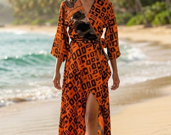 indian silk wrap dress Indian Silk-mix Maxi Wrap Dress - Wrap Kimono With Oriental Print & Golden  Accents