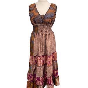 Long summer dress recycled sari-silk boho hippy festival party outfit uk 8-12