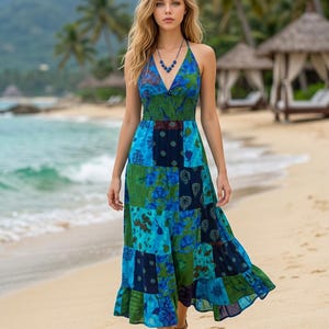 Blue Patchwork Halter Dress, Long Maxi Boho Festival Style