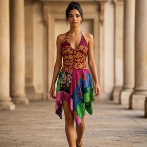 RED Festival Dress, Patchwork hanky hem in recycled Sari Silk UK 8-12
