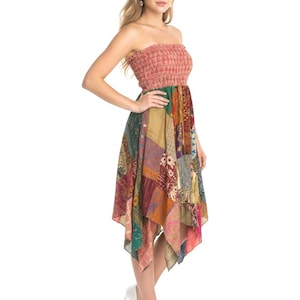 Vintage Sari Seide patchwork SKIRT, Festival Boho Hippie style, Maxi Pixie Gypsy Sommer KLEID one size UK 3-4